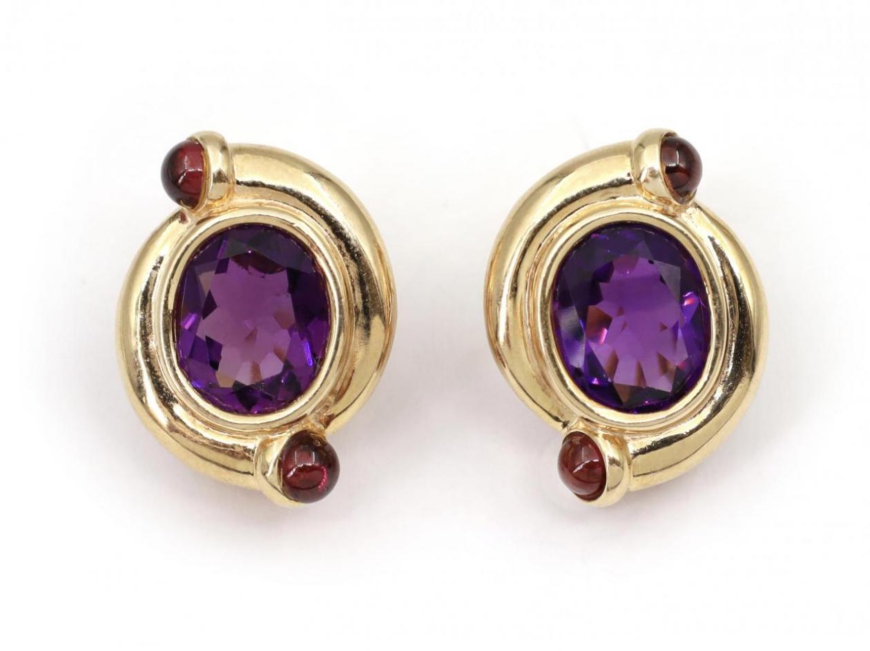 1980s Amethyst & Garnet Bypass Earrings in 14kt Yellow Gold