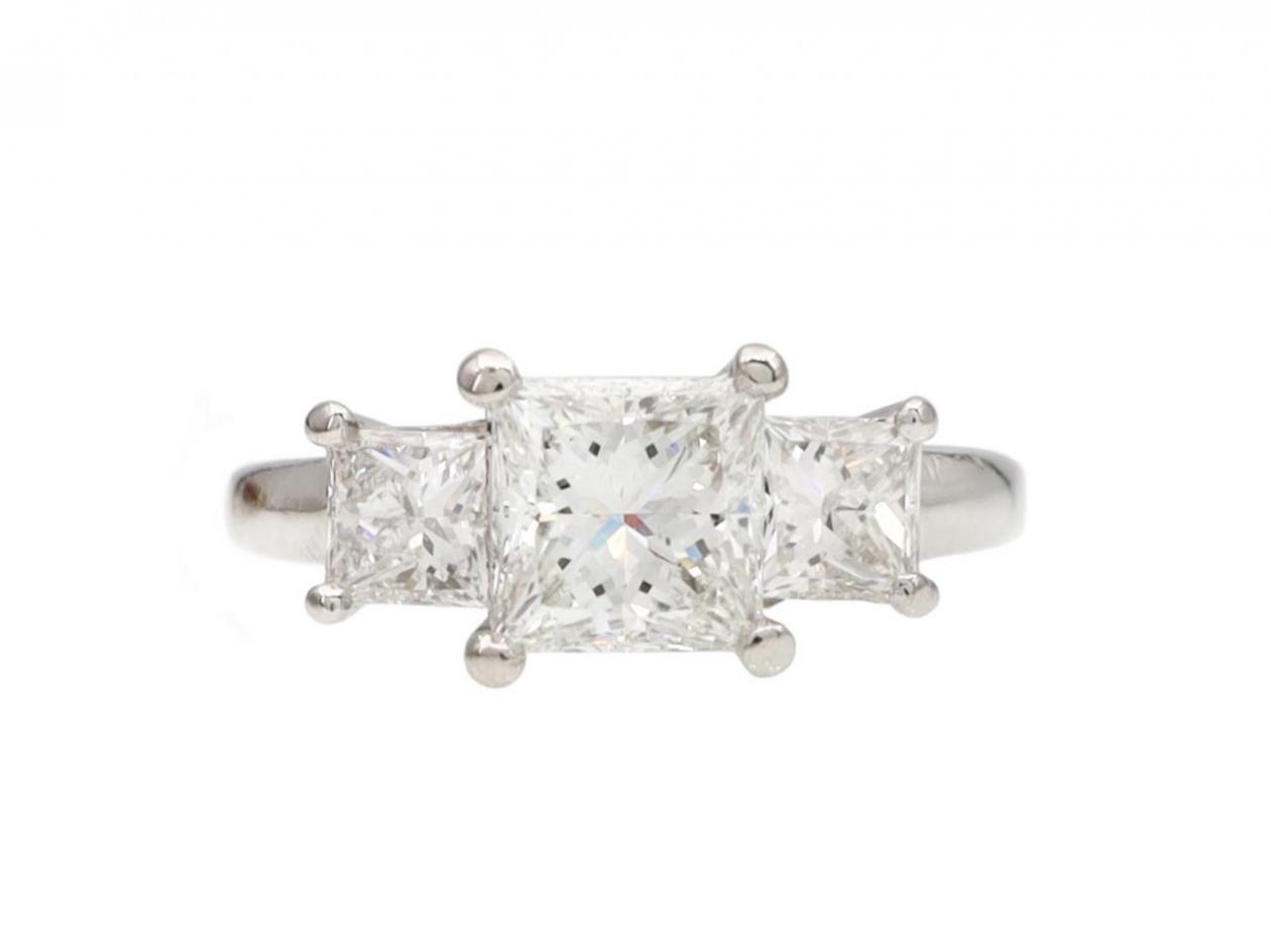 Vintage Princess cut diamond graduating three stone engagement ring