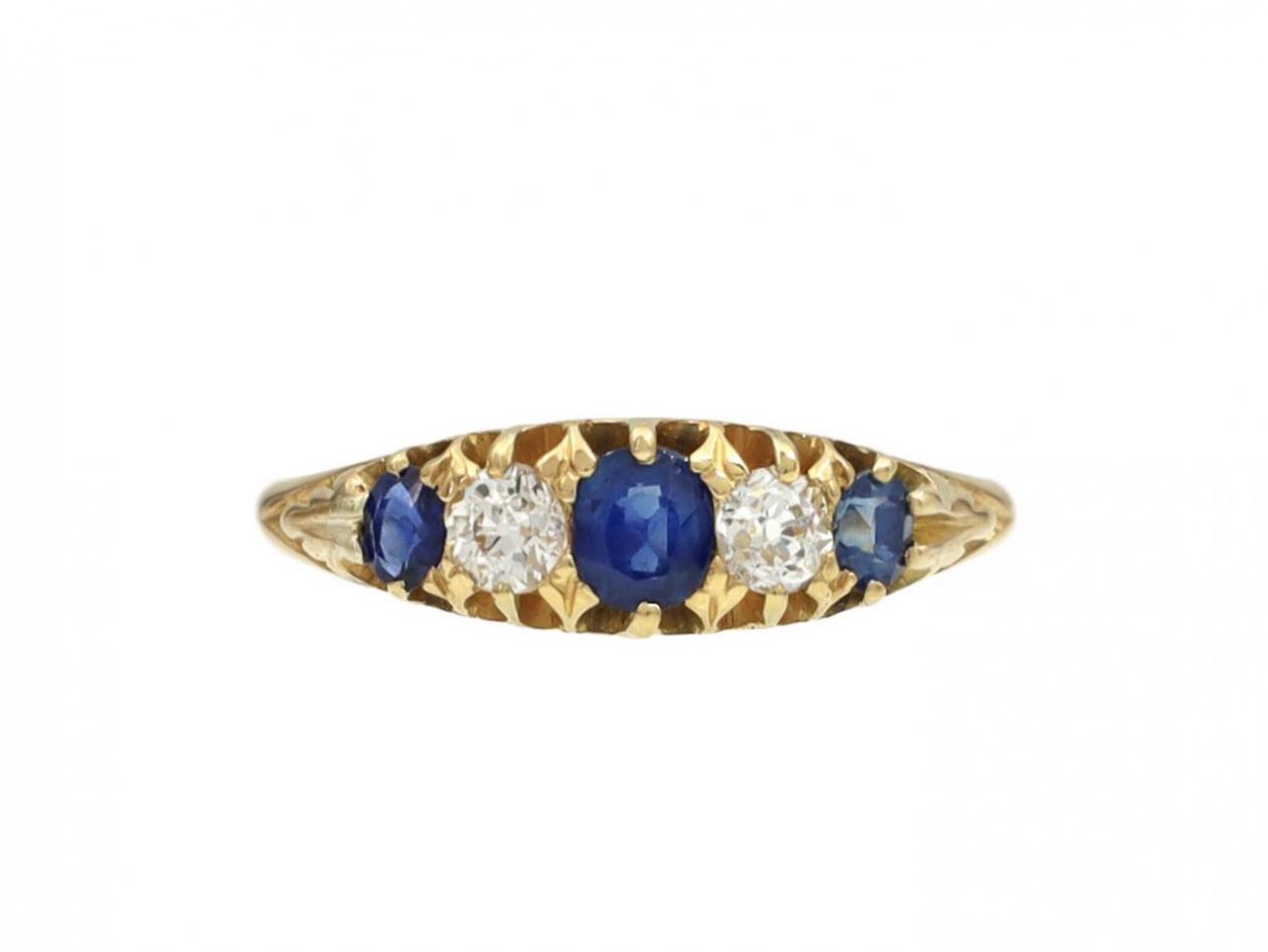 Antique sapphire and diamond five stone carved ring