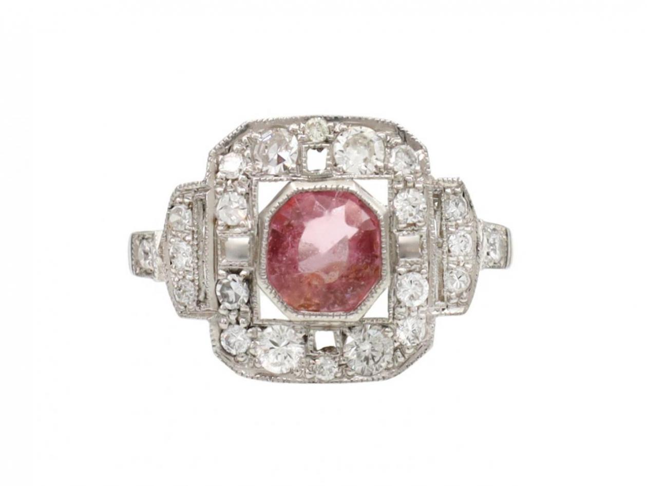 Vintage Padparadscha sapphire and diamond geometric cluster ring