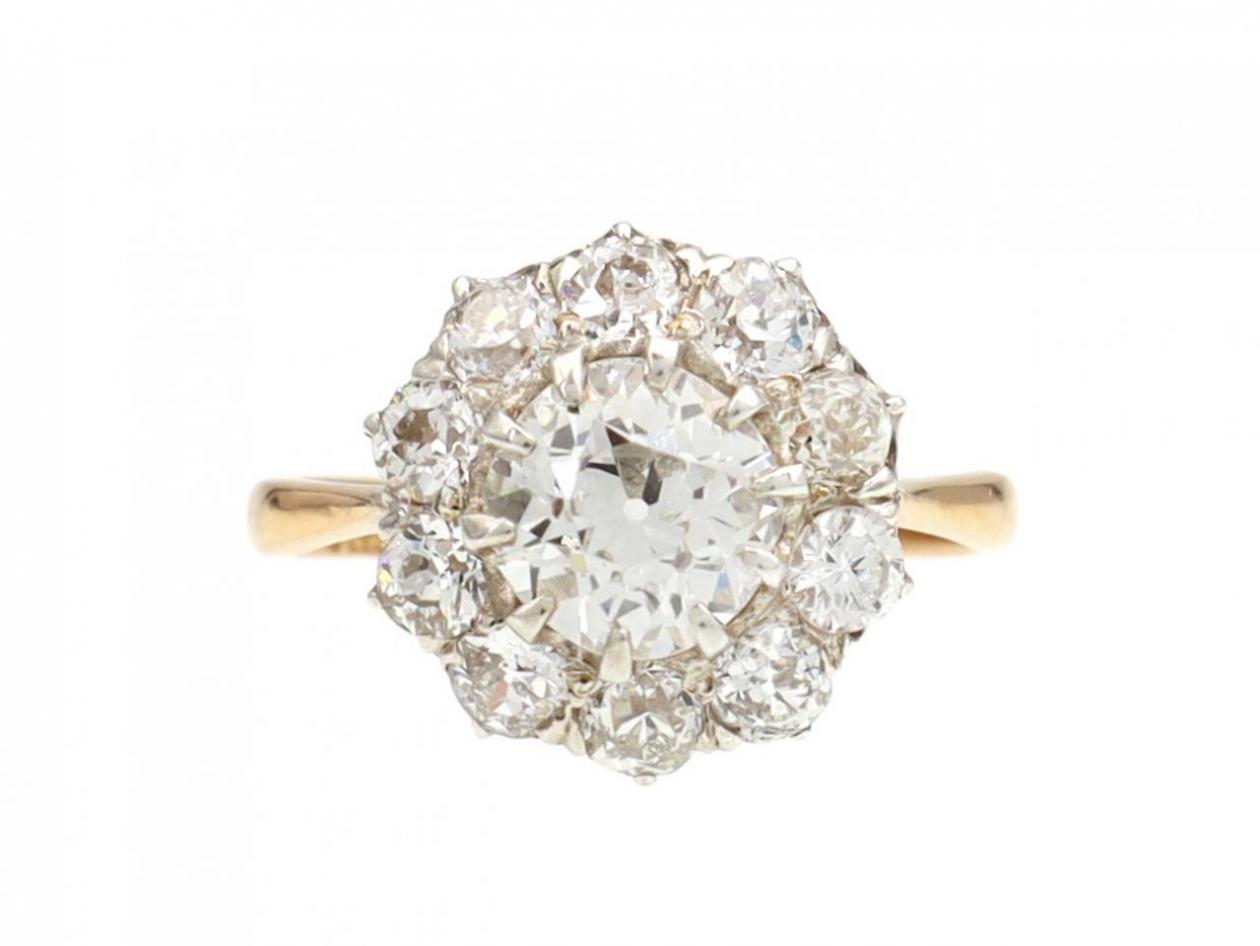 Antique diamond coronet cluster ring in platinum and 18kt yellow gold