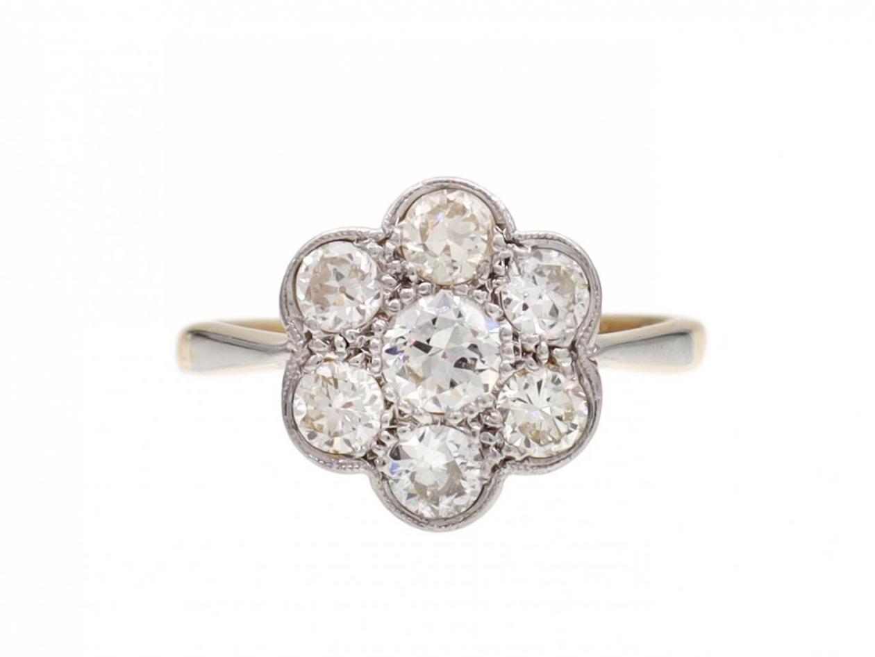 Edwardian diamond daisy cluster ring in platinum and 18kt yellow gold