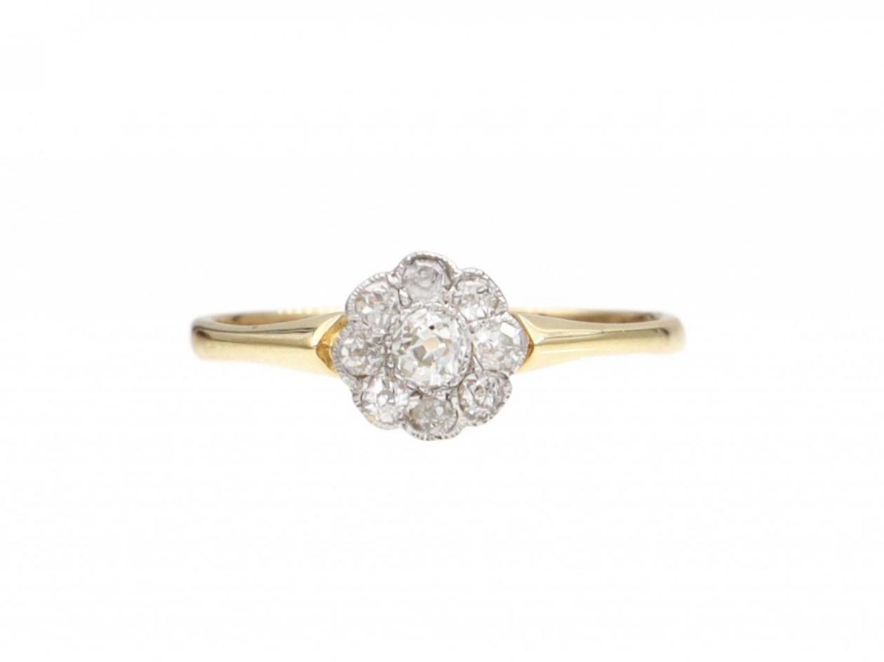 Antique Petite Diamond Floral Cluster Ring in Platinum & 18kt Yellow Gold