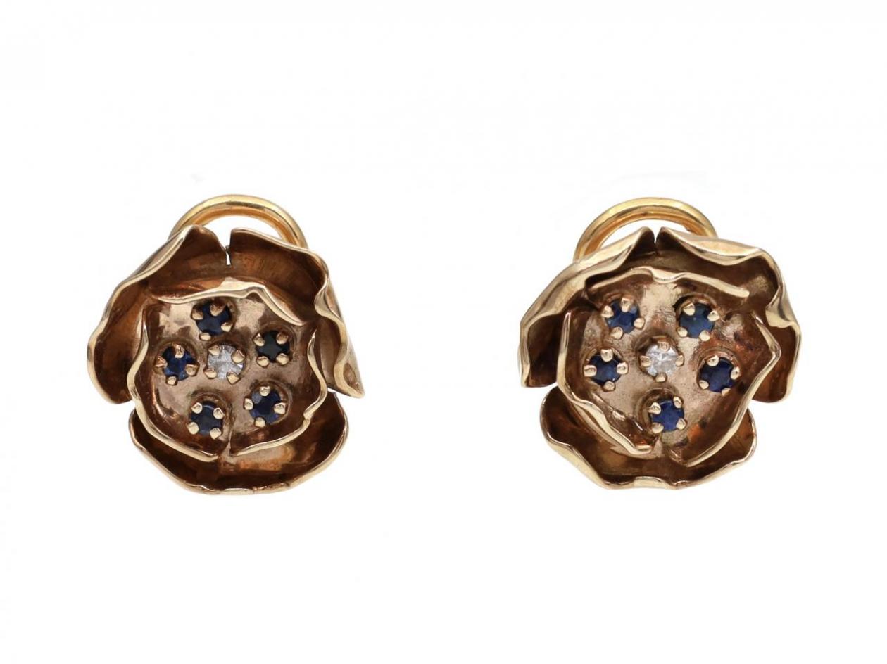 Retro Pansy Diamond & Sapphire Cluster Earrings in 9kt Yellow Gold