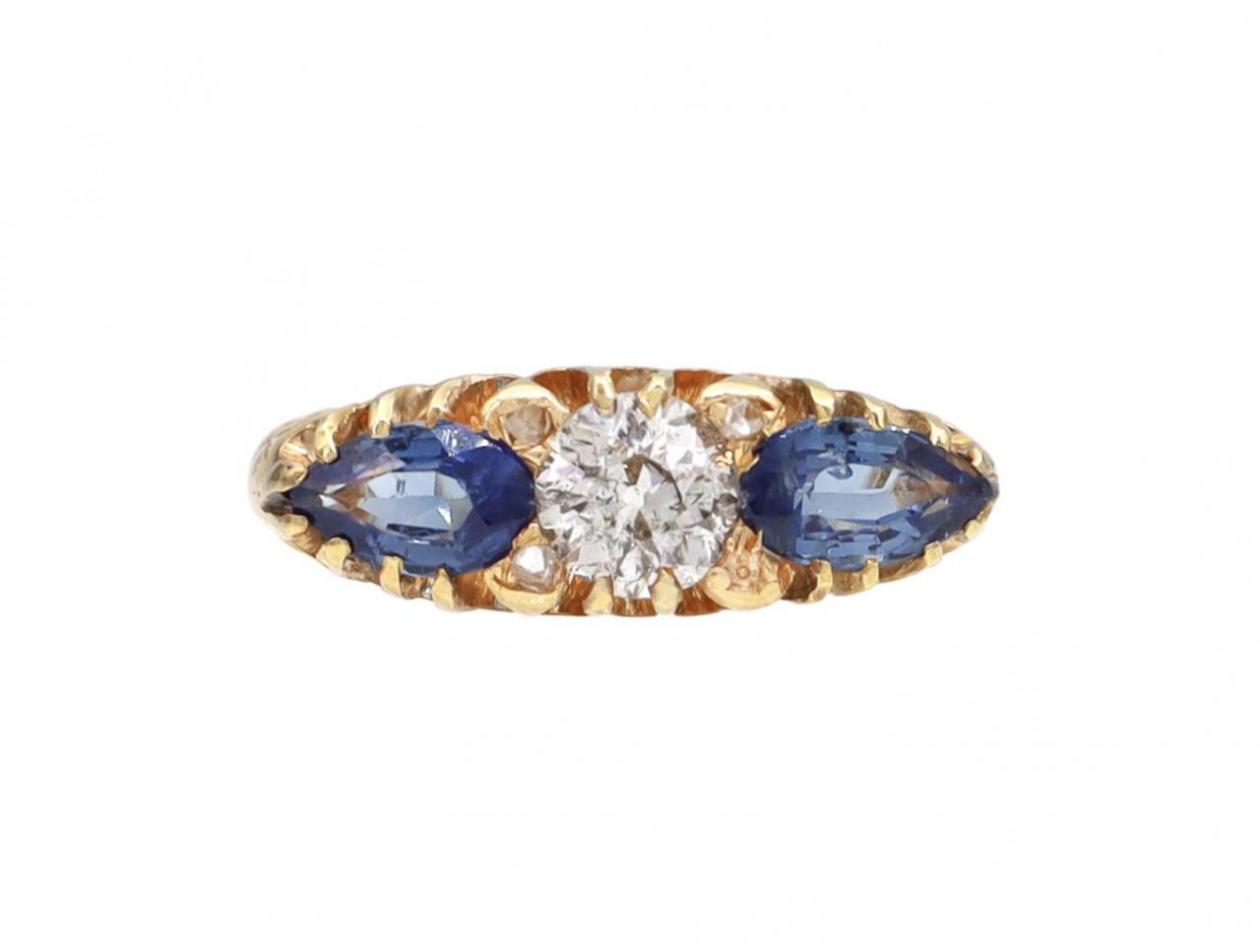 Victorian diamond and pear shape sapphire three stone ring