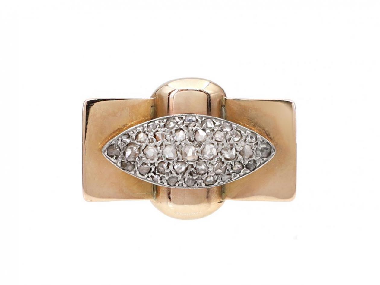 1940s diamond navette tank ring in 18kt yellow gold