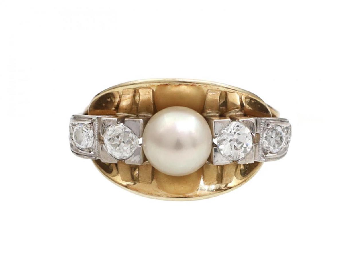 1940s Pearl & Diamond Cocktail Ring in 14kt Yellow Gold