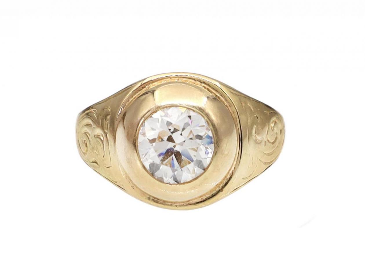 Antique 1.50ct Old European cut diamond rubover solitaire carved ring