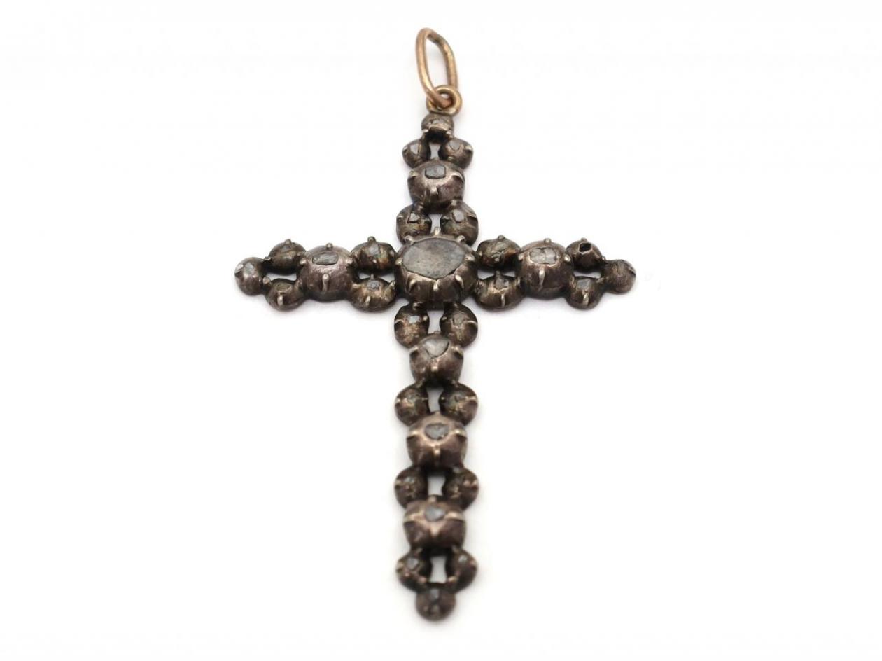 Georgian Rose Cut Diamond Silver & Yellow Gold Cross Pendant