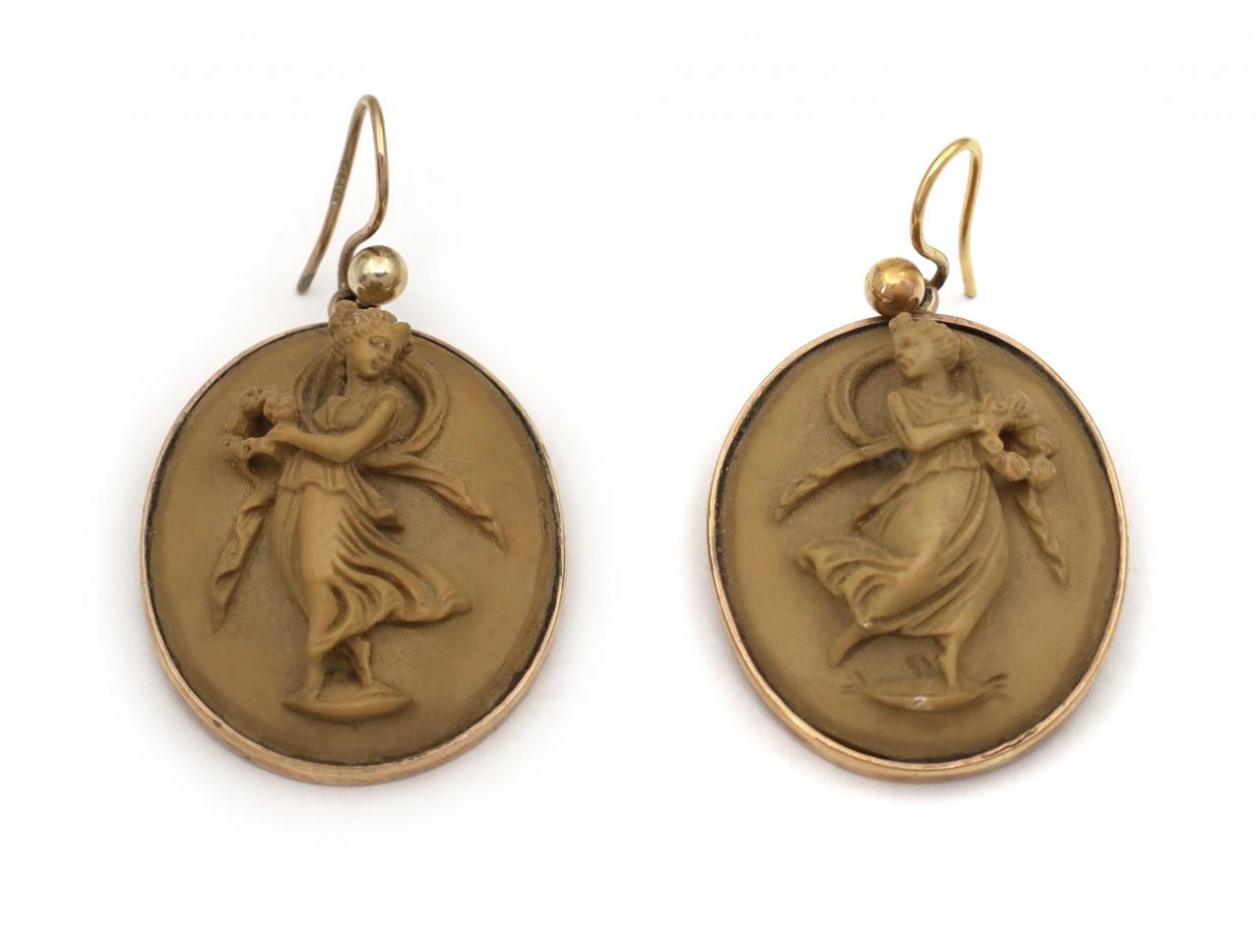 Antique oval lava cameo drop earrings in yellow gold