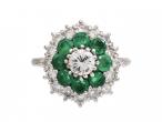 Vintage diamond and emerald target cluster ring in 18kt white gold