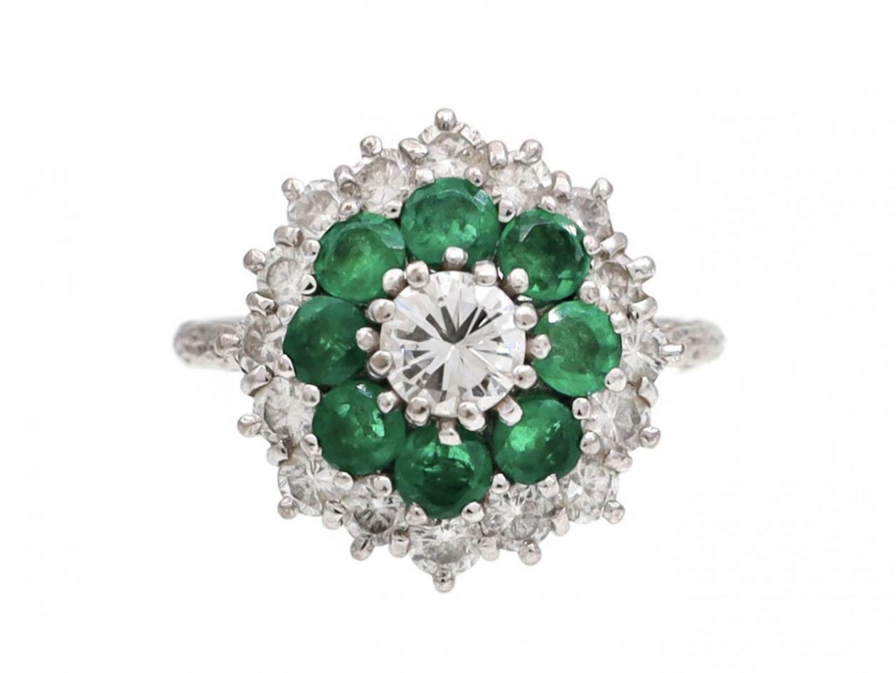 Vintage diamond and emerald target cluster ring in 18kt white gold