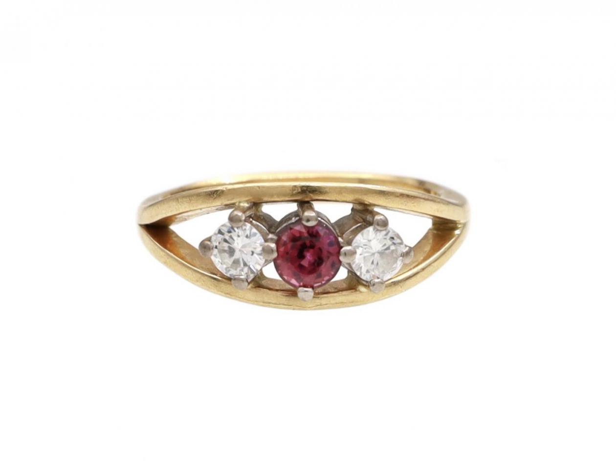 Vintage Ruby & Diamond Open Three Stone Ring in 18kt Yellow Gold