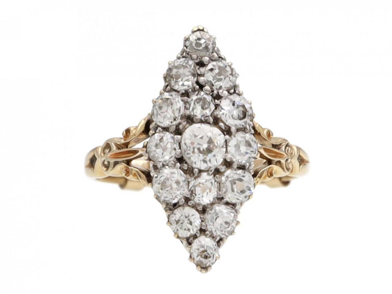 Edwardian diamond set marquise cluster ring in 18kt yellow gold