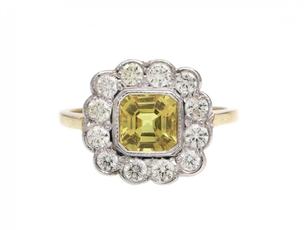 Antique style yellow sapphire and diamond floral cluster ring