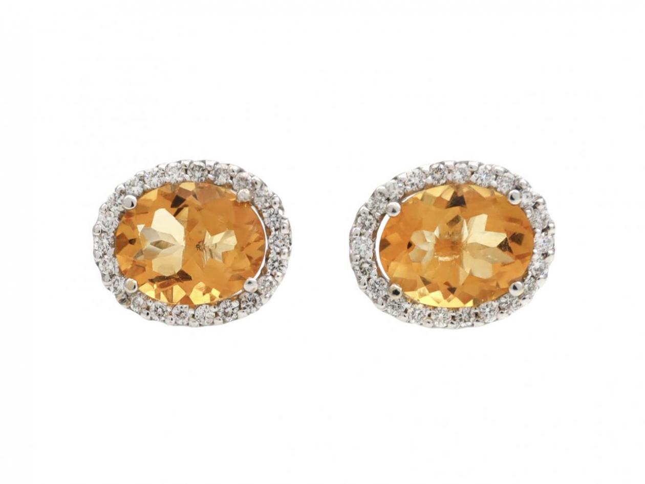 Vintage Oval Citrine & Diamond Cluster Earrings in 18kt White Gold