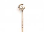 Antique seed pearl crescent moon stickpin in yellow gold
