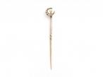Antique seed pearl crescent moon stickpin in yellow gold