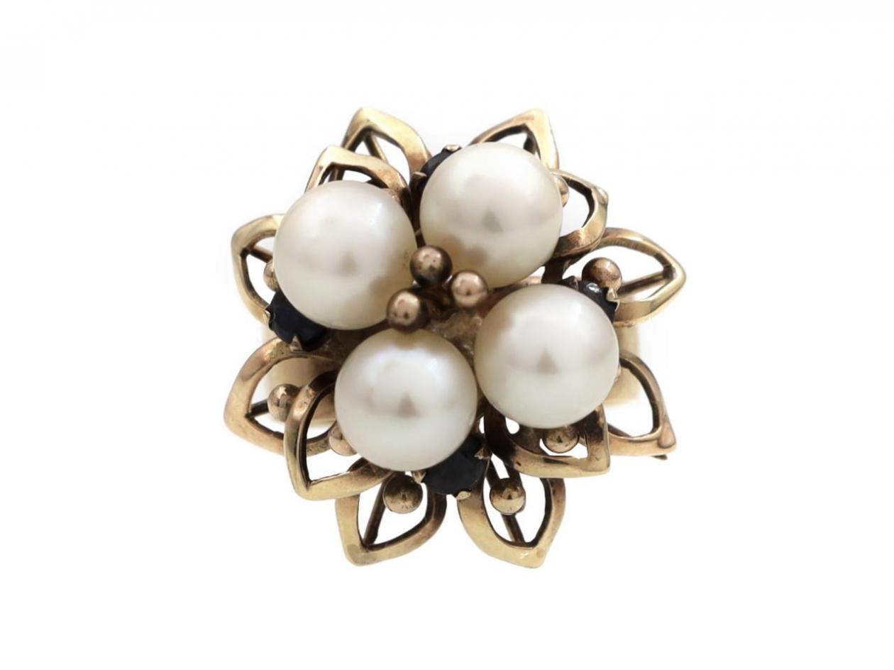 1970s Cultured Pearl & Sapphire Vertical Floral Cluster Ring
