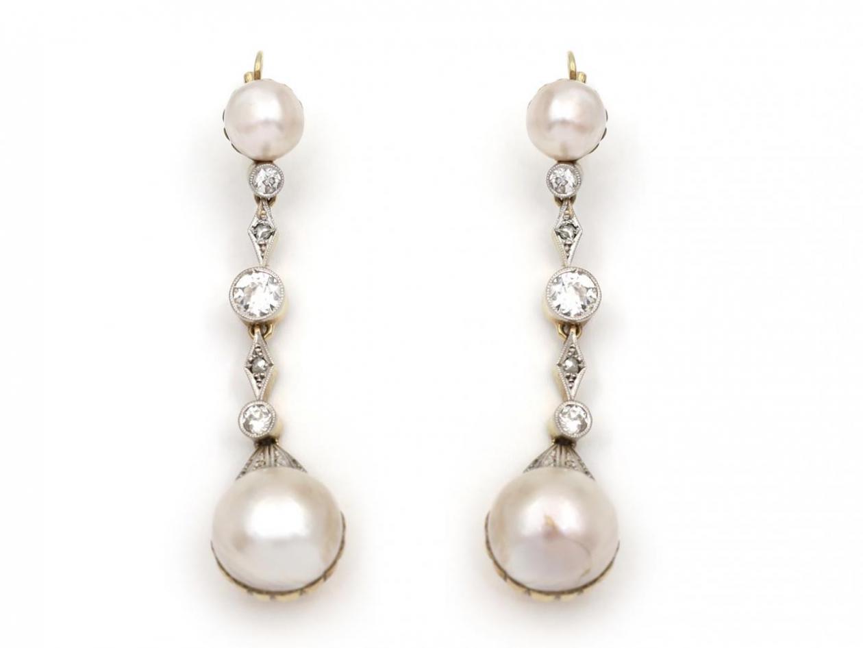 Antique Pearl & Old European Cut Diamond Drop Earrings