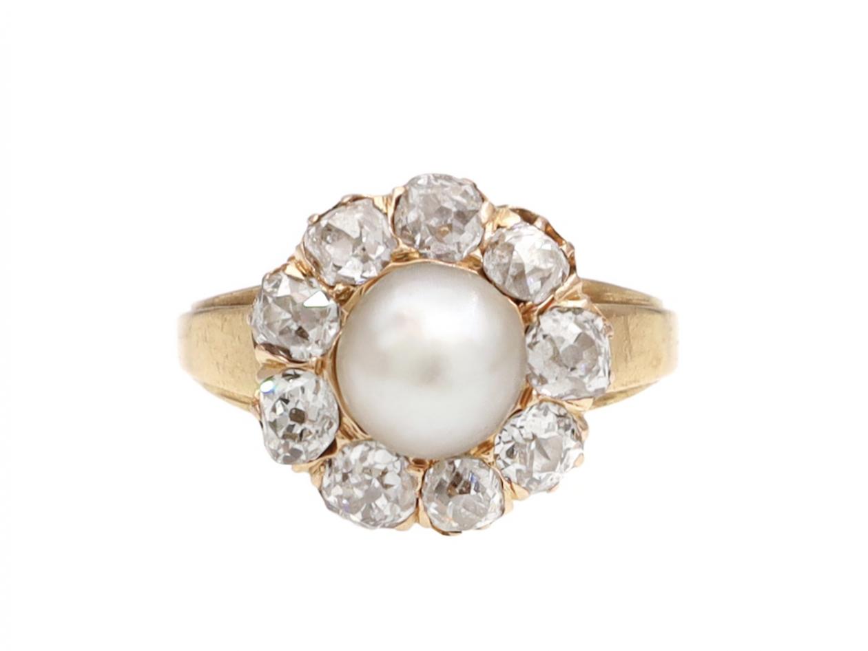 Victorian natural pearl and diamond coronet cluster ring in gold