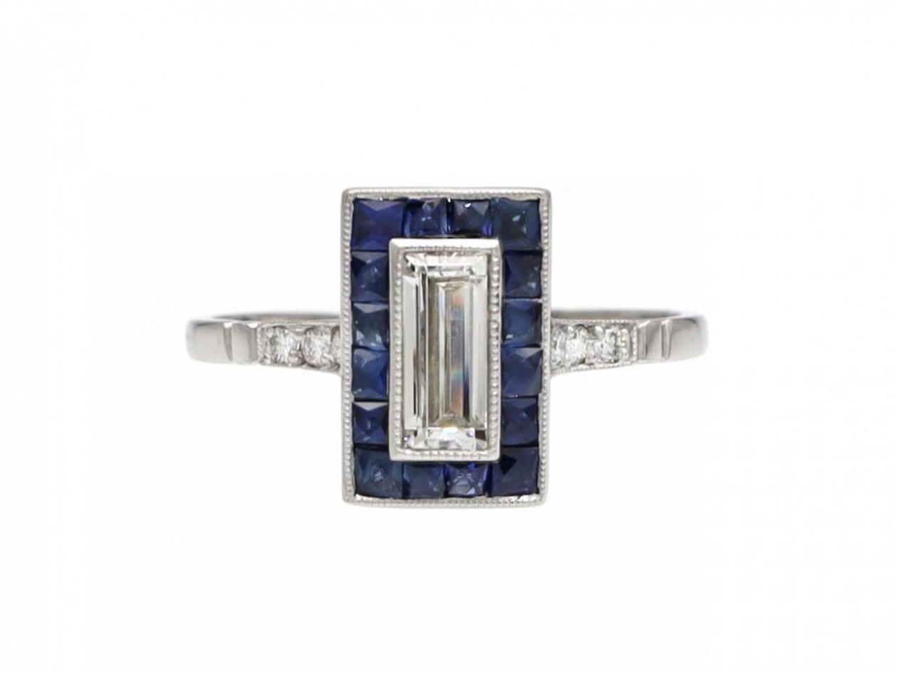 Art Deco Style Diamond & Sapphire Rectangular Target Ring in Platinum