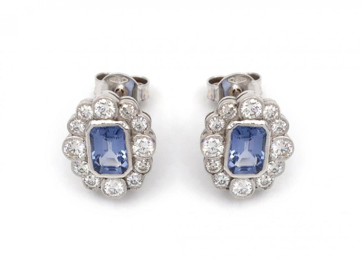 Vintage cornflower blue sapphire and diamond cluster earrings
