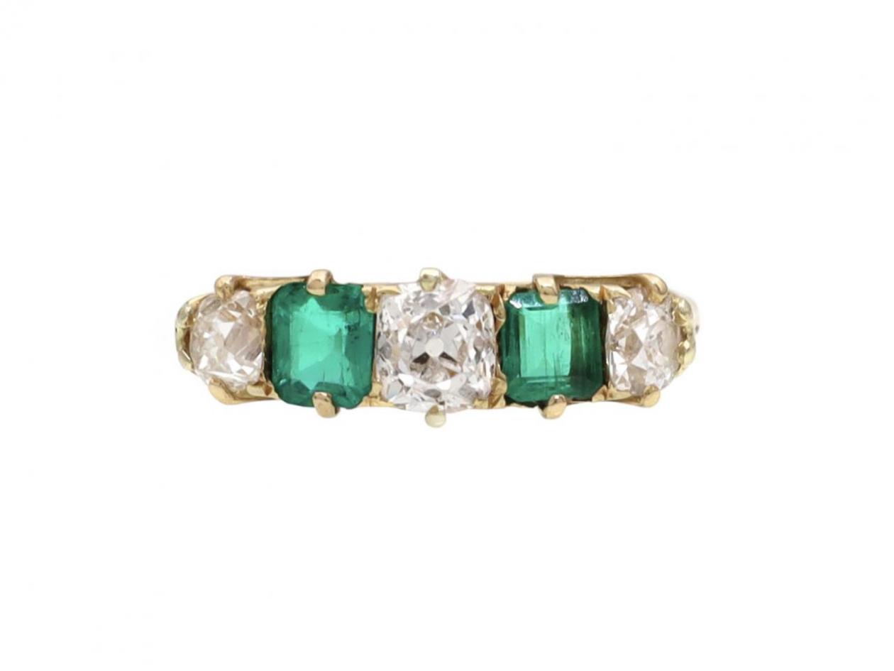 Victorian Diamond & Emerald Five Stone Carved Ring