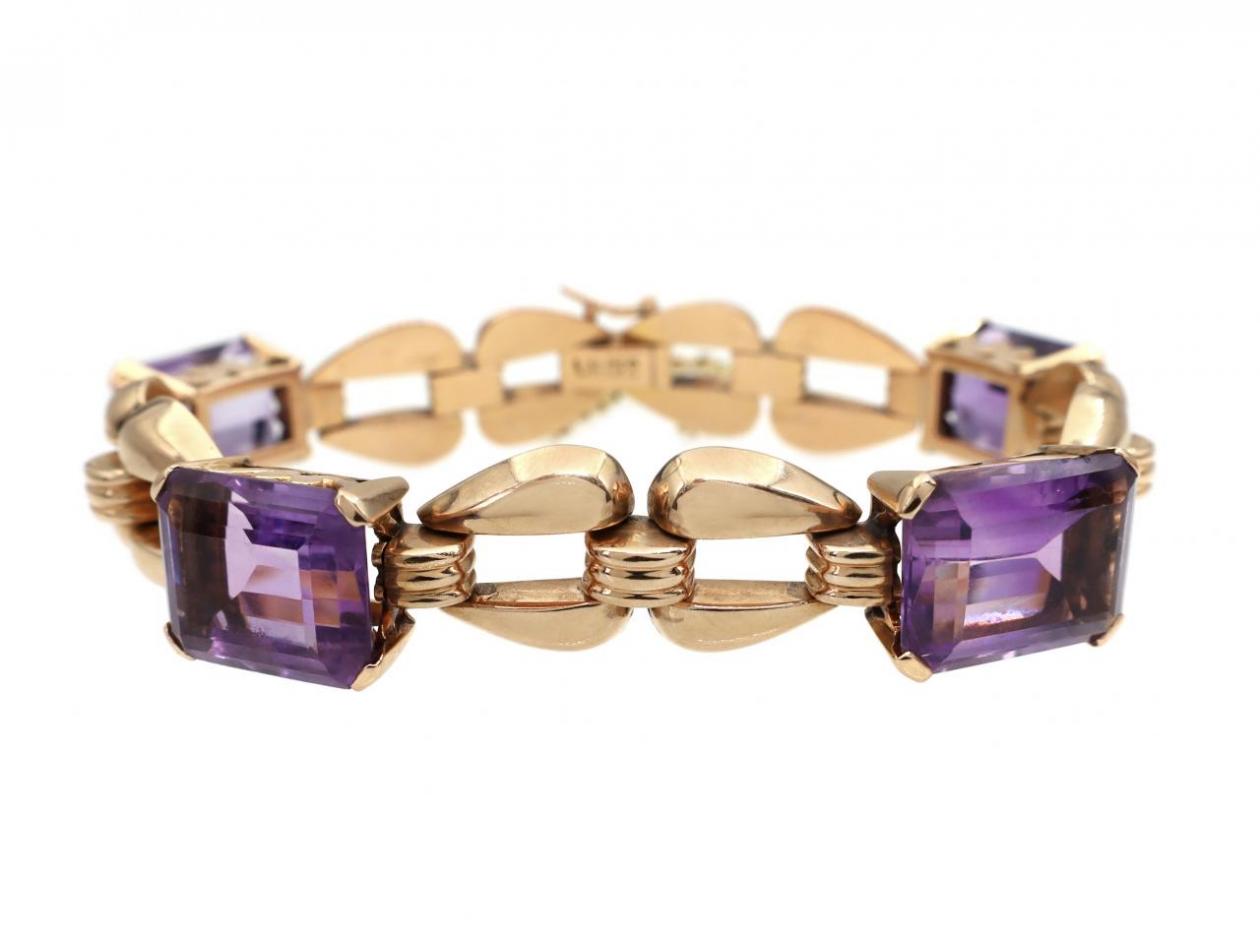 1940s Amethyst & 18kt Yellow Gold Open Link Bracelet