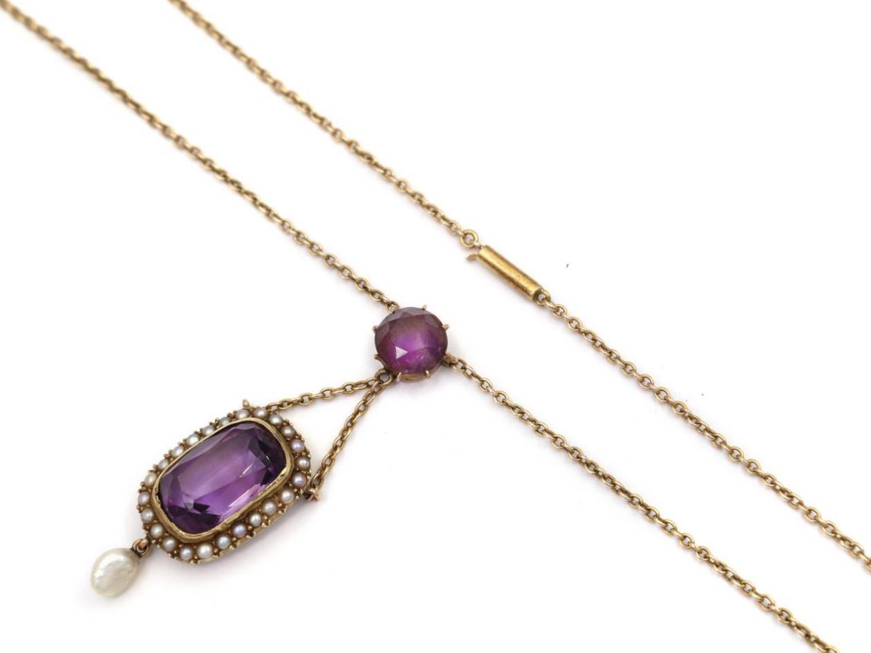 Vintage amethyst and seed pearl pendant necklace in 9kt gold