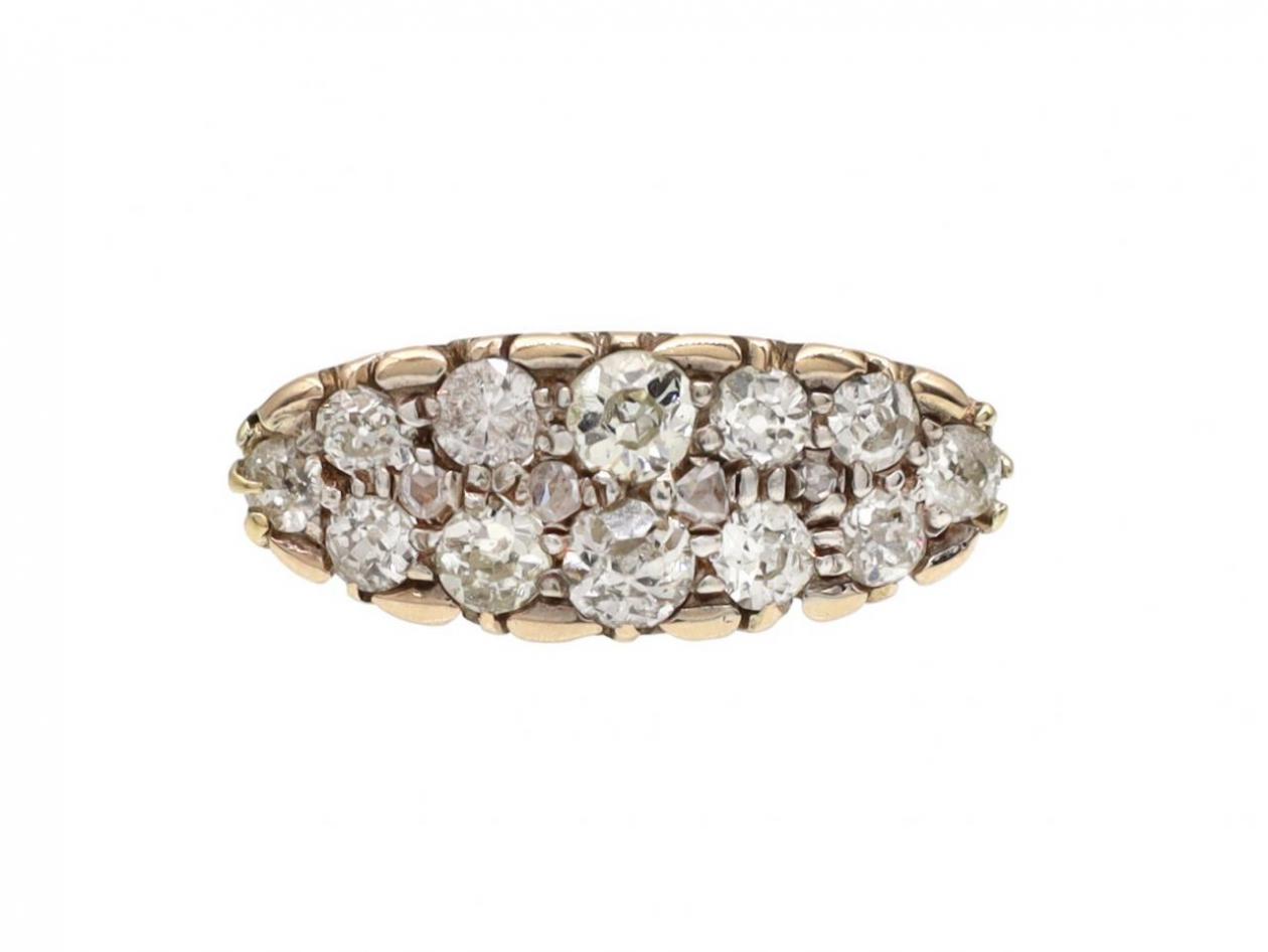Antique Old Mine cut diamond boat cluster ring in yellow gold