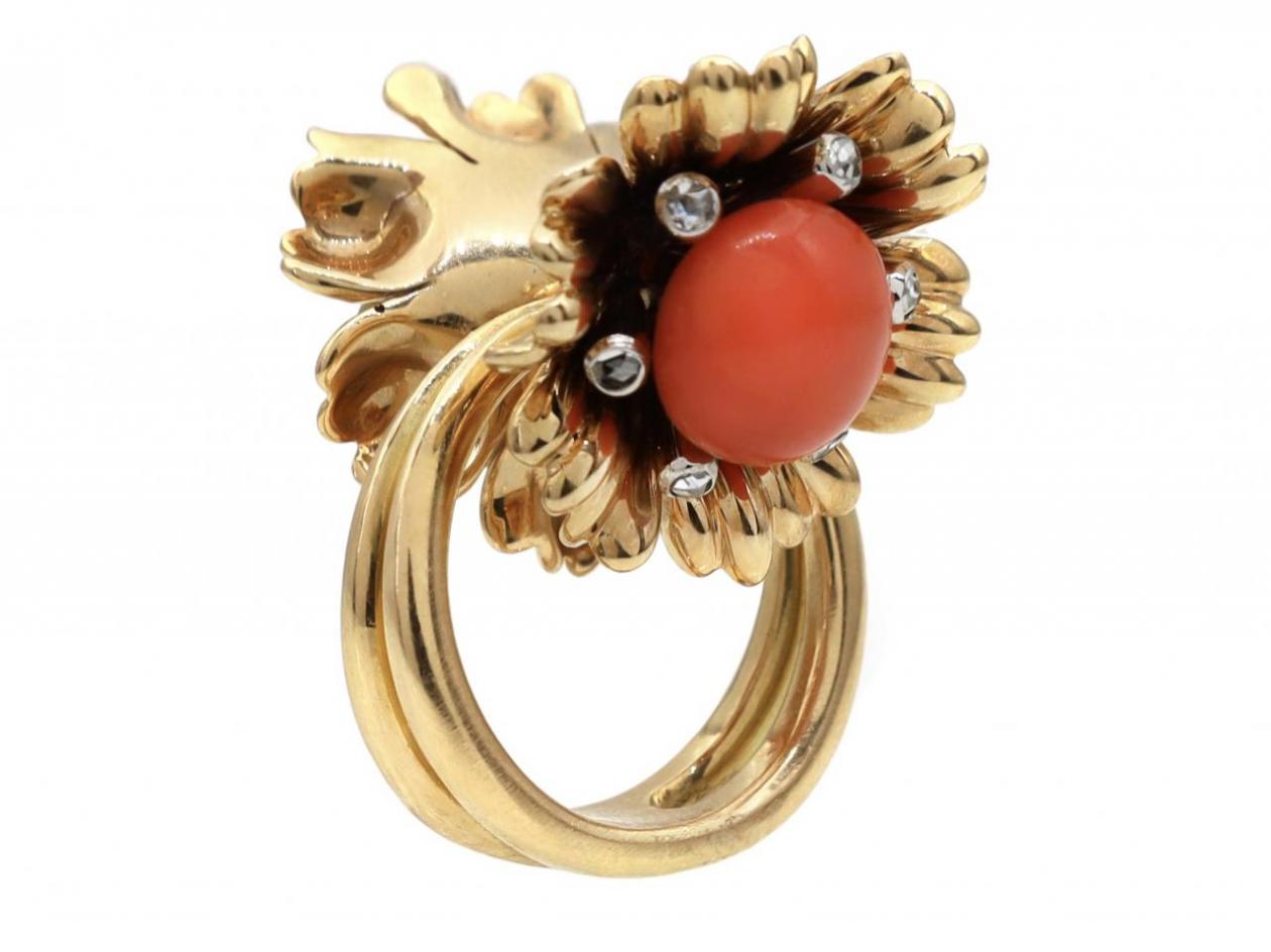 Retro Articulated Double Floret Coral & Diamond Ring
