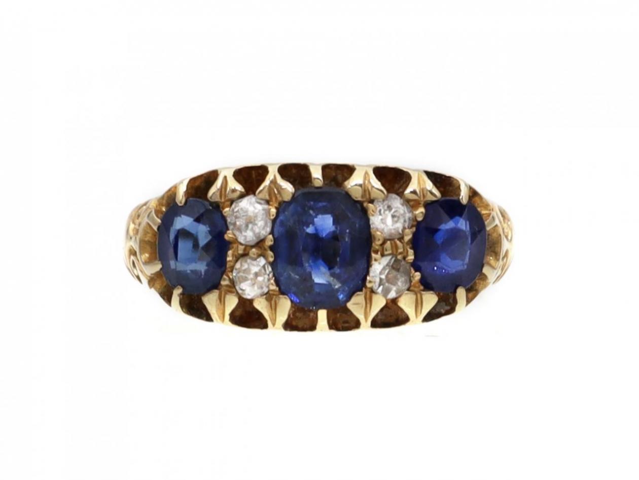 Victorian 18kt yellow gold sapphire and diamond three stone