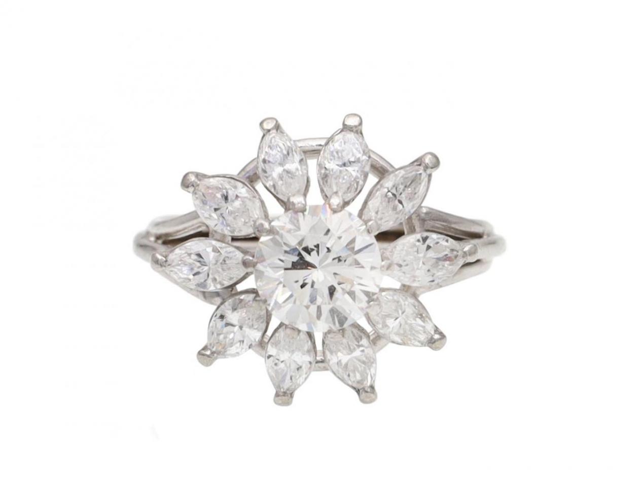 Vintage 18kt White Gold Diamond Fancy Cluster Ring