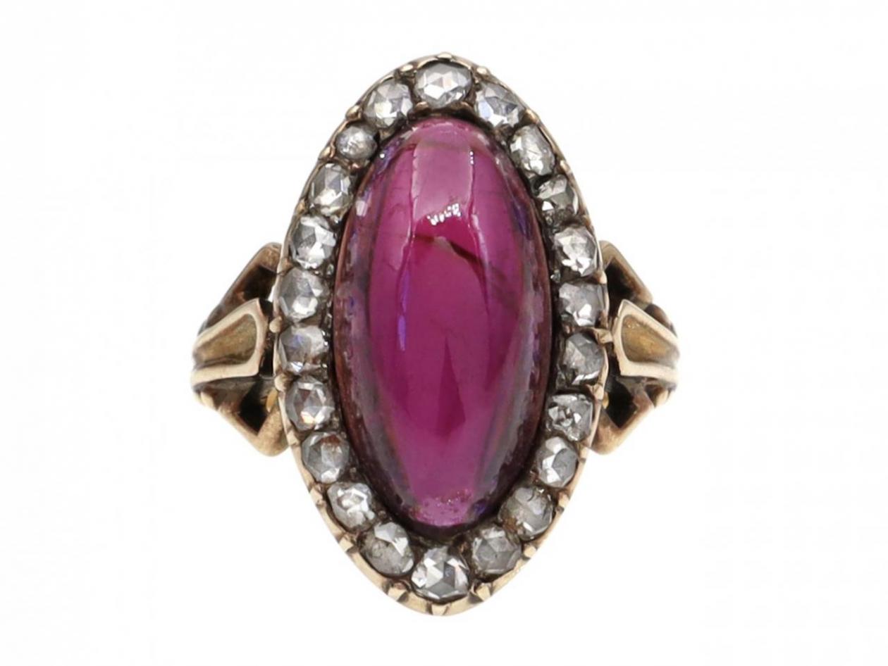 Victorian almandine garnet and diamond marquise cluster ring in gold