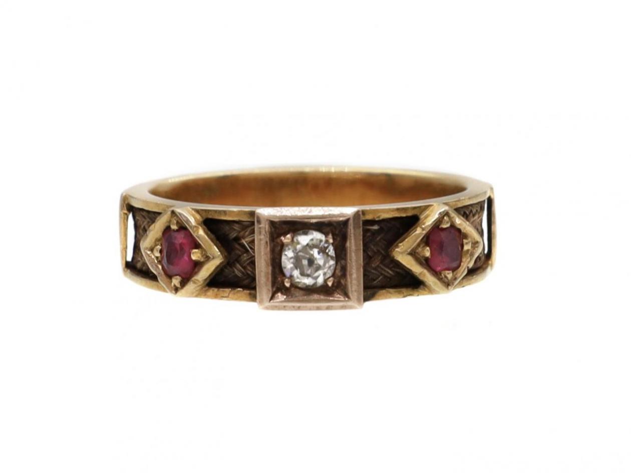 Antique Diamond, Ruby & Hair Memorial Ring in Yellow Gold