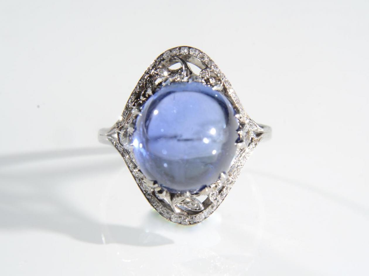 Antique Ceylon sapphire cabochon and diamond ring