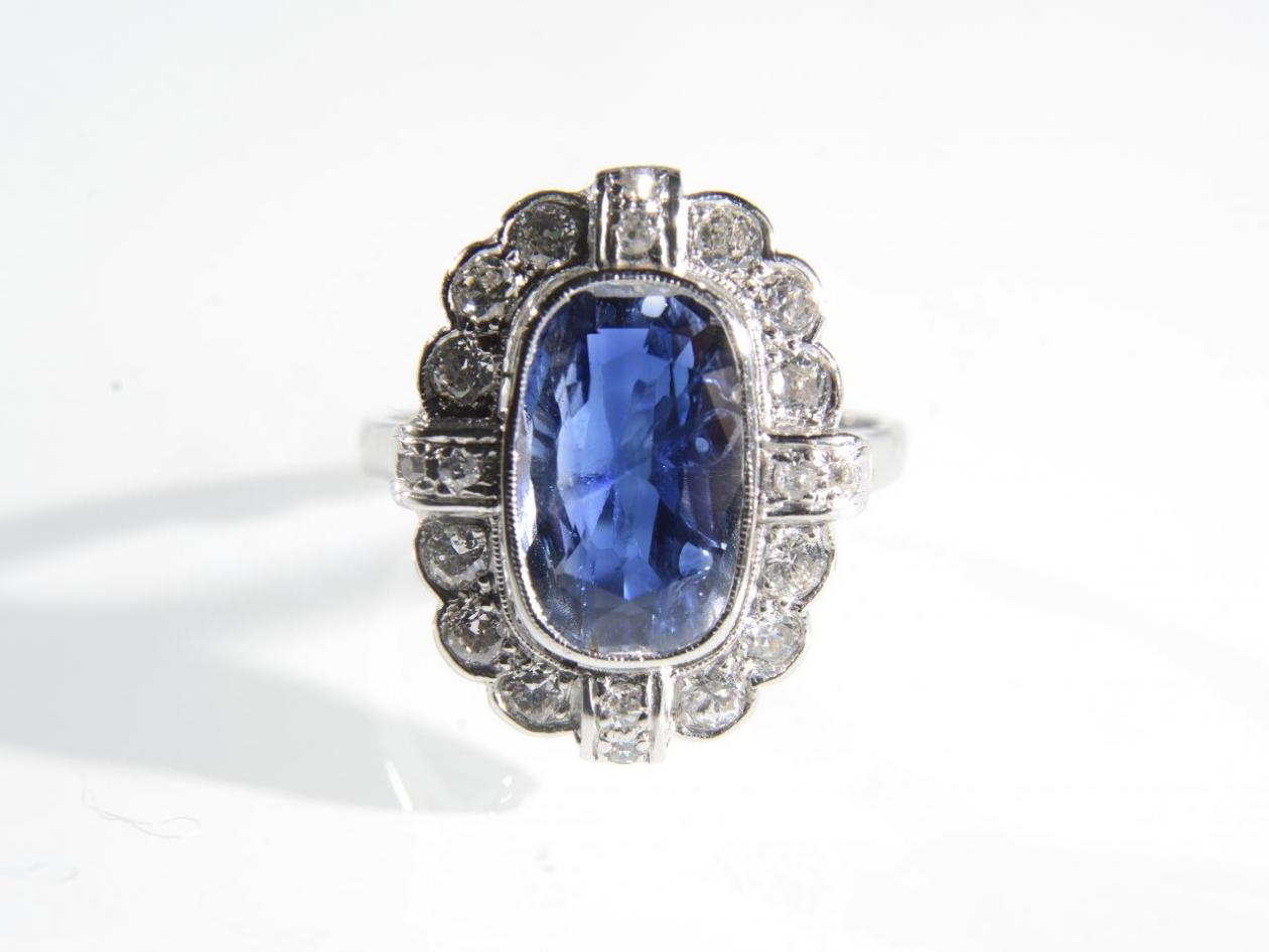French sapphire and diamond oblong cluster ring