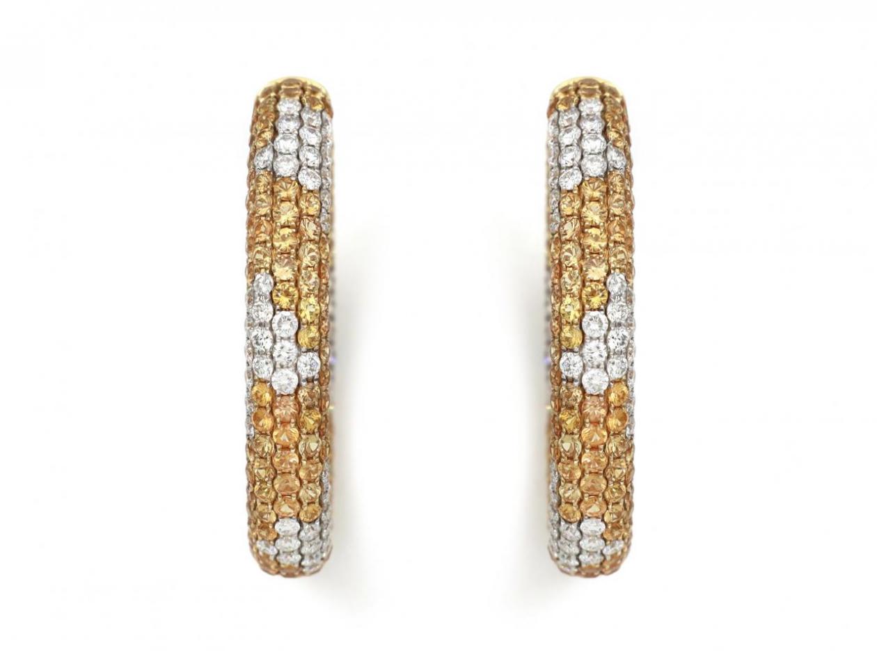 Vintage Yellow Sapphire & Diamond Hoop Earrings in 18kt Gold