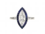 Art Deco style marquise diamond and sapphire target ring in platinum