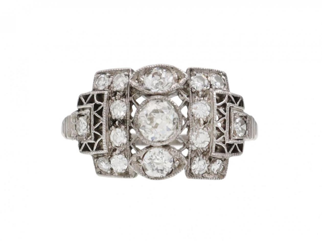 Art Deco platinum diamond set horizontal plaque ring