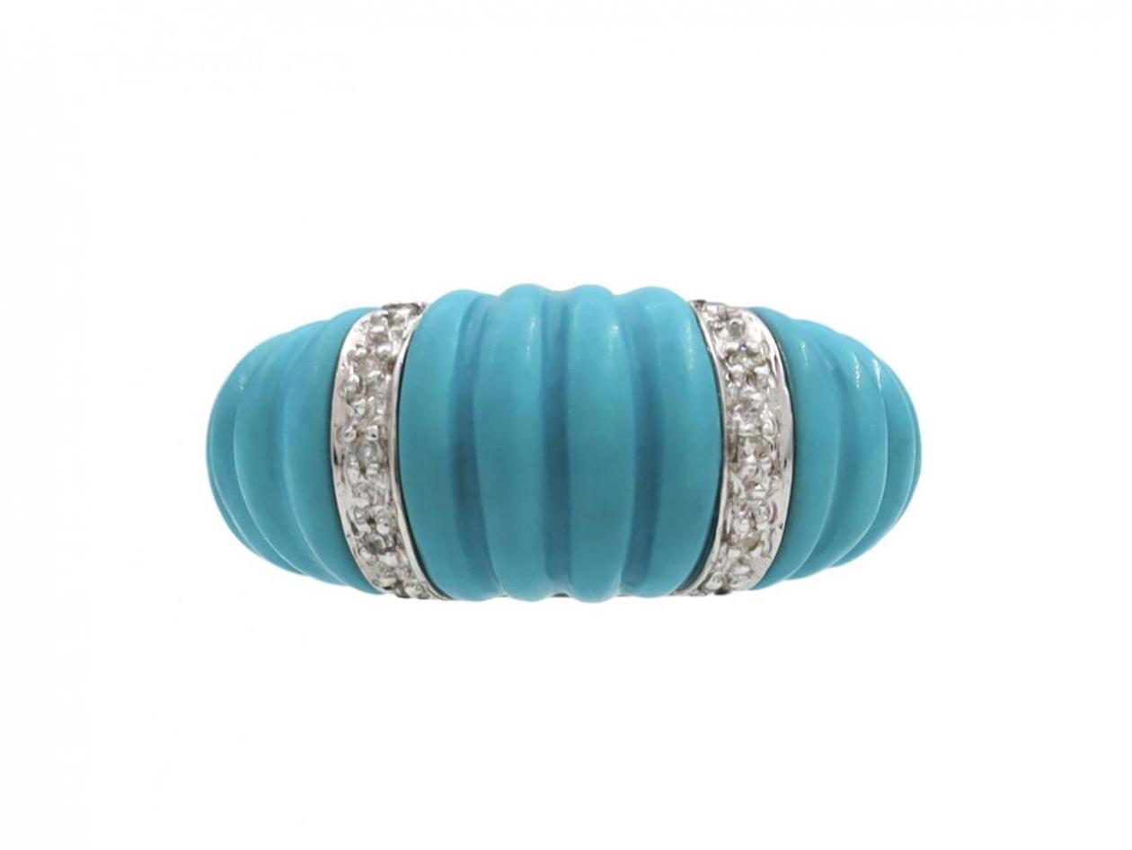 Vintage Carved Turquoise & Diamond Ribbed Bombe Ring