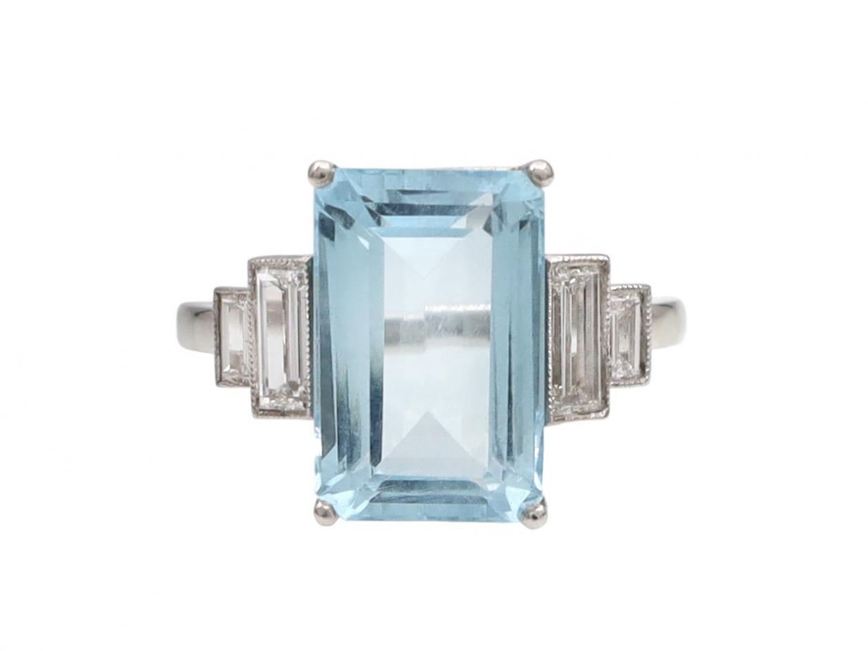 Art Deco style aquamarine and diamond step ring in 18kt white gold