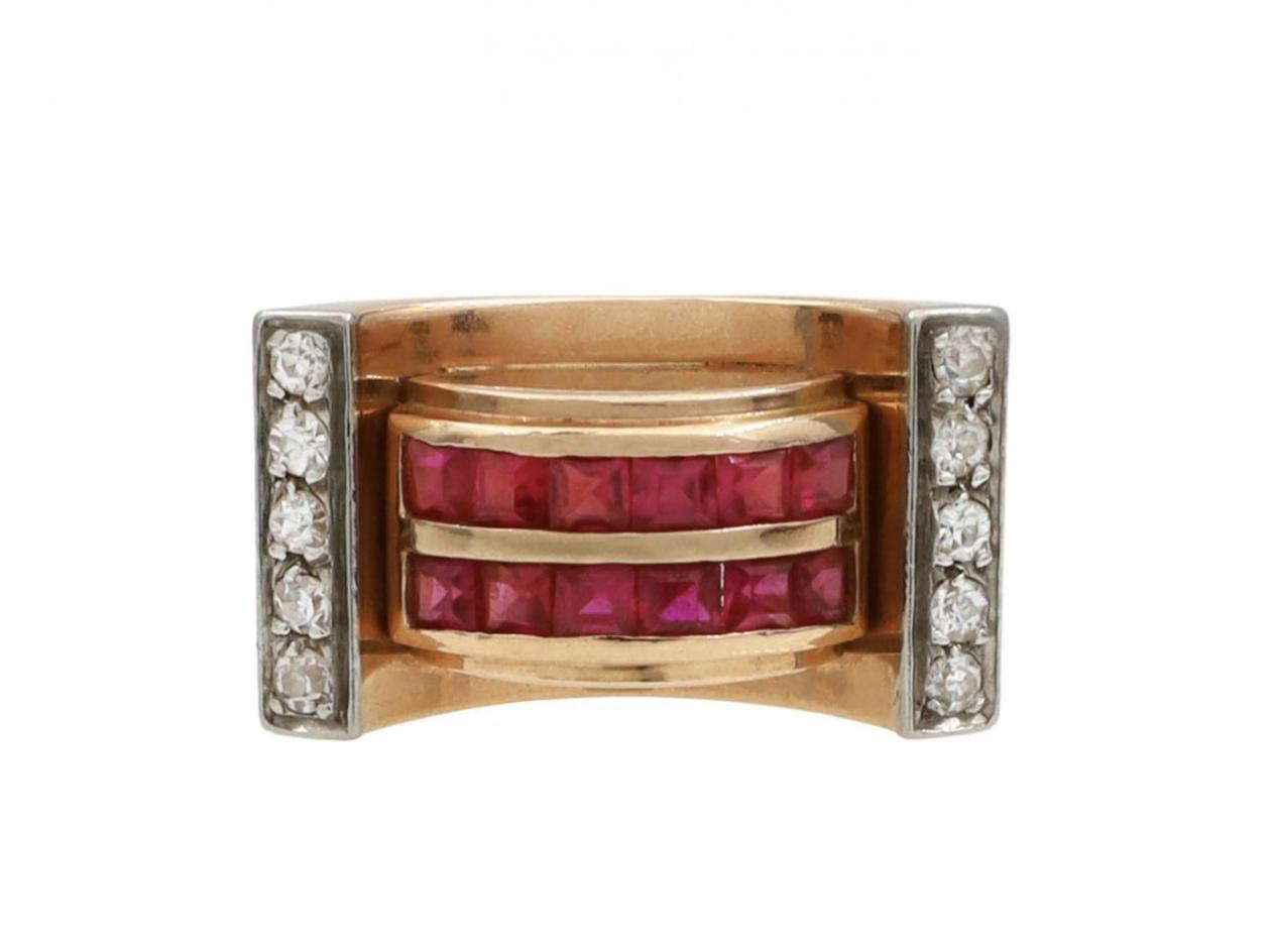Retro Synthetic Ruby & Diamond Tank Ring in 18kt Gold