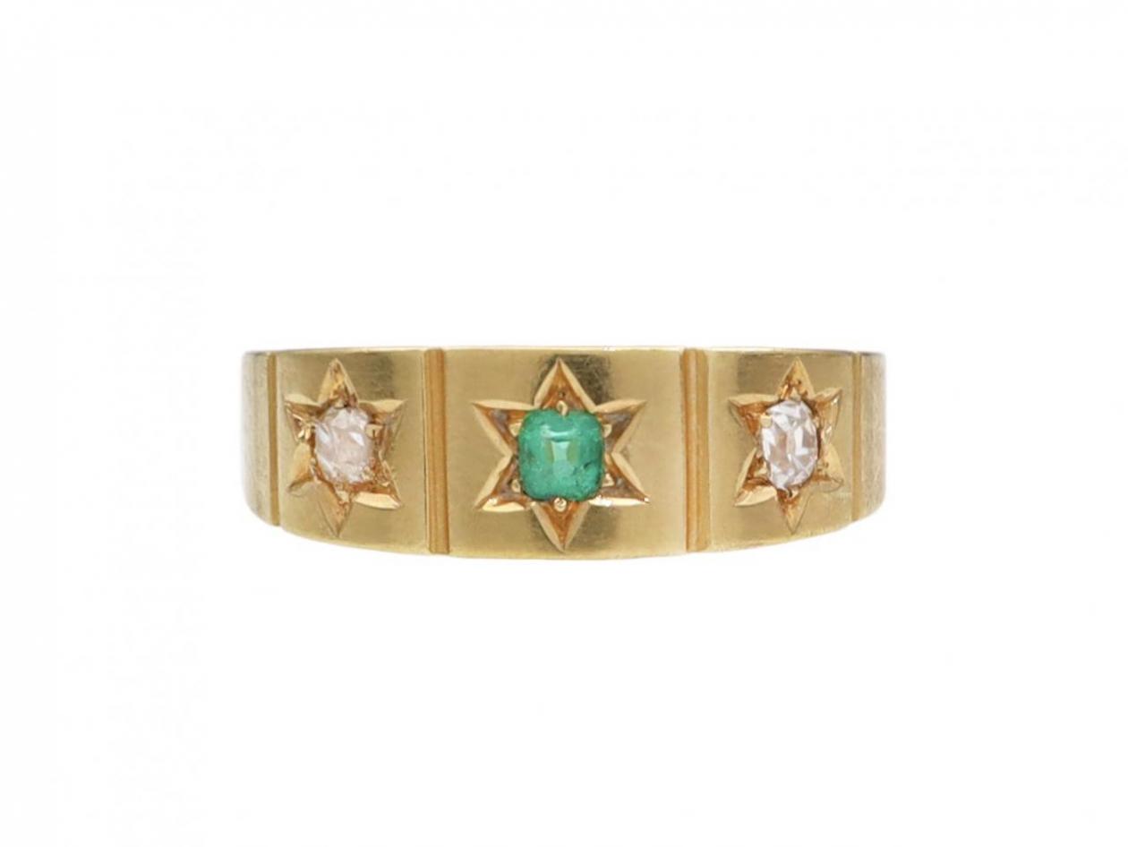 Victorian emerald and diamond three stone gypsy ring