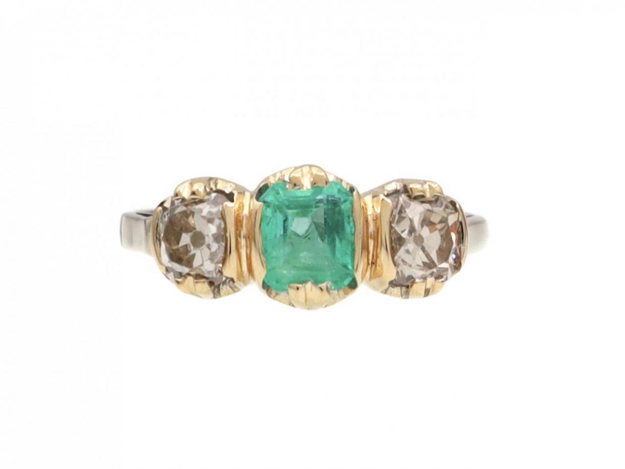 Vintage emerald and tinted diamond three stone ring in 18kt white gold