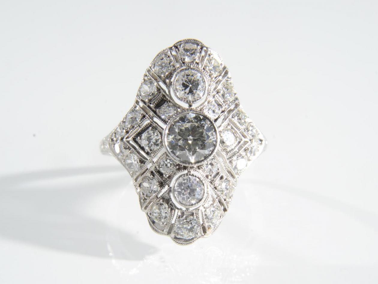 1920s elongated diamond cluster ring in platinum