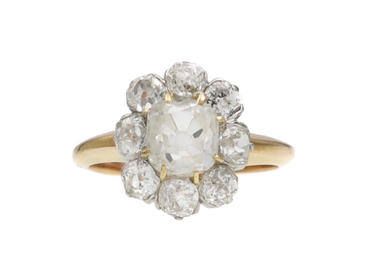 Antique oval coronet cluster engagement ring in 18kt yellow gold
