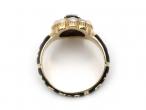 Antique onyx flower cameo, pearl and black enamel memorial ring in yellow gold