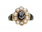 Antique onyx flower cameo, pearl and black enamel memorial ring in yellow gold